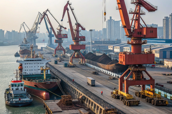 A bustling Chinese port with cranes loading construction materials onto ships